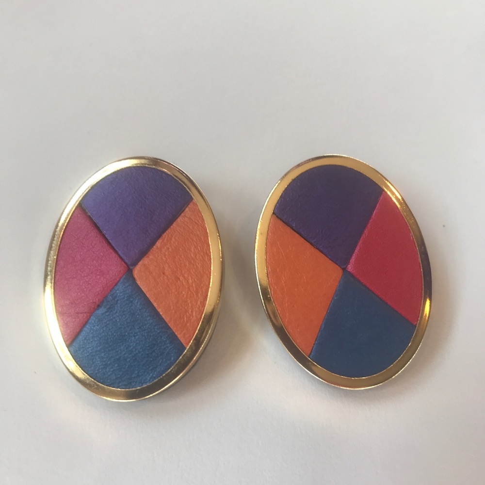 Vintage 80s Earrings, Leather or Vegan Leather Oval Gold Purple Orange Pink Blue